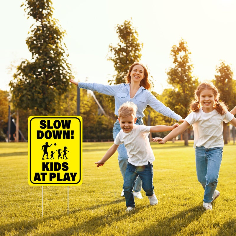 BLSUREFYX 3 PCS Slow Down Kids At Play Sign 14.2 x 11 Inches Children At Play Safety Signs for Street Double Sided Weatherproof Slow Down Signs for Street Neighborhoods Yard Outdoor Use Yellow - Image 3